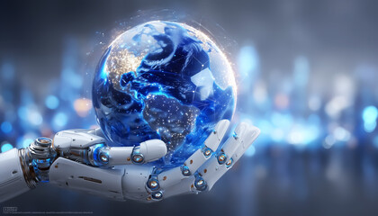 Futuristic Arm Holding Earth : A white robot arm holding a blue globe on an abstract background with digital elements, isolated on a white background.  Generative AI.