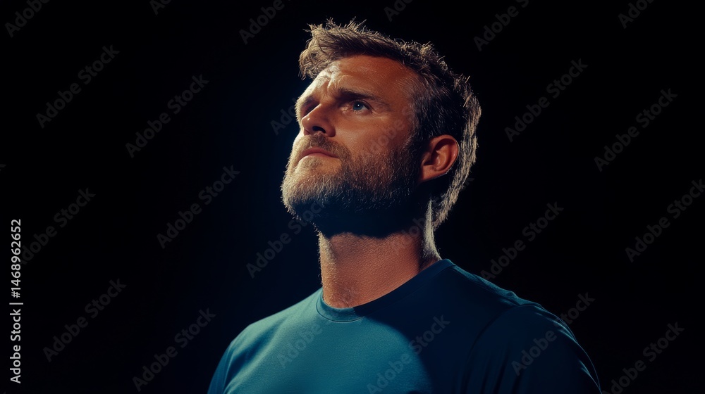 Poster man with a beard and a blue shirt is looking up at the sky. the image has a mood of contemplation an