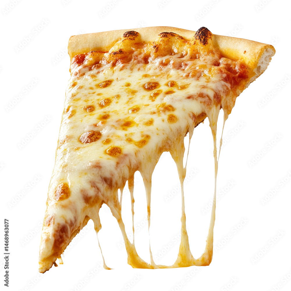 Poster delicious slice of cheesy pizza with stretchy cheese isolated on a transparent background, a slice o