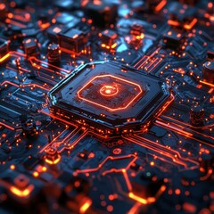 Futuristic Circuit Board with Glowing Elements and Intricate Design