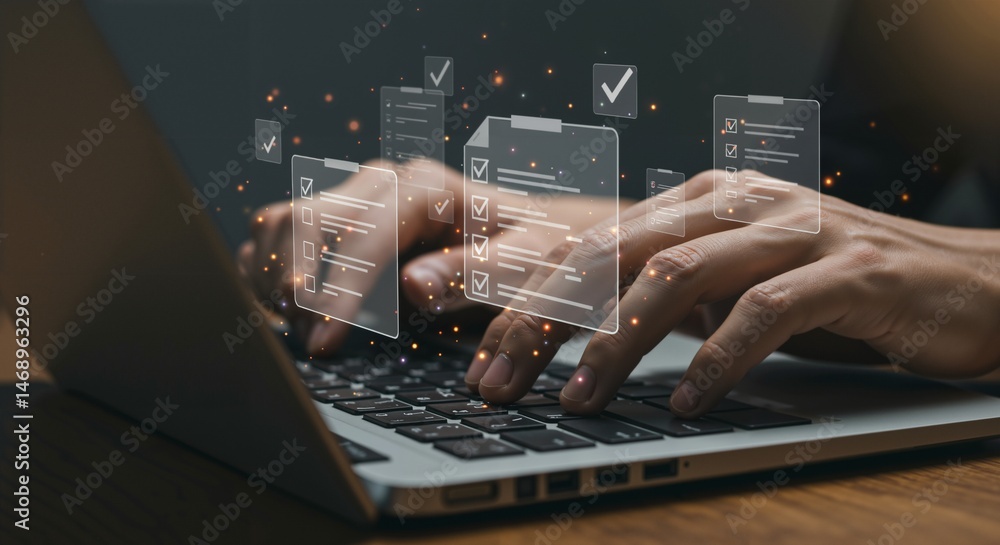Aufkleber a close-up view of a person's hands typing on a laptop keyboard surrounded by virtual document overl
