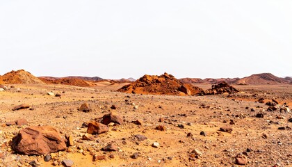 Fototapeta premium A vast, arid landscape featuring rocky formations and sandy terrain under a clear sky, showcasing the beauty of desert scenery