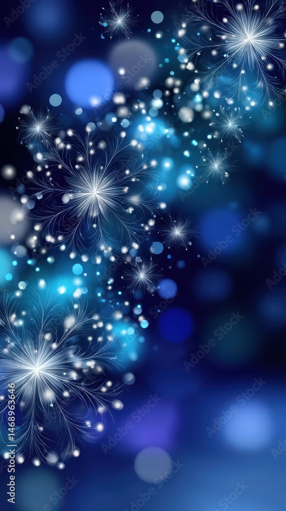 Poster abstract snowflake patterns and festive light bokeh on a dark blue background