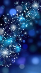 Abstract Snowflake Patterns and Festive Light Bokeh on a Dark Blue Background