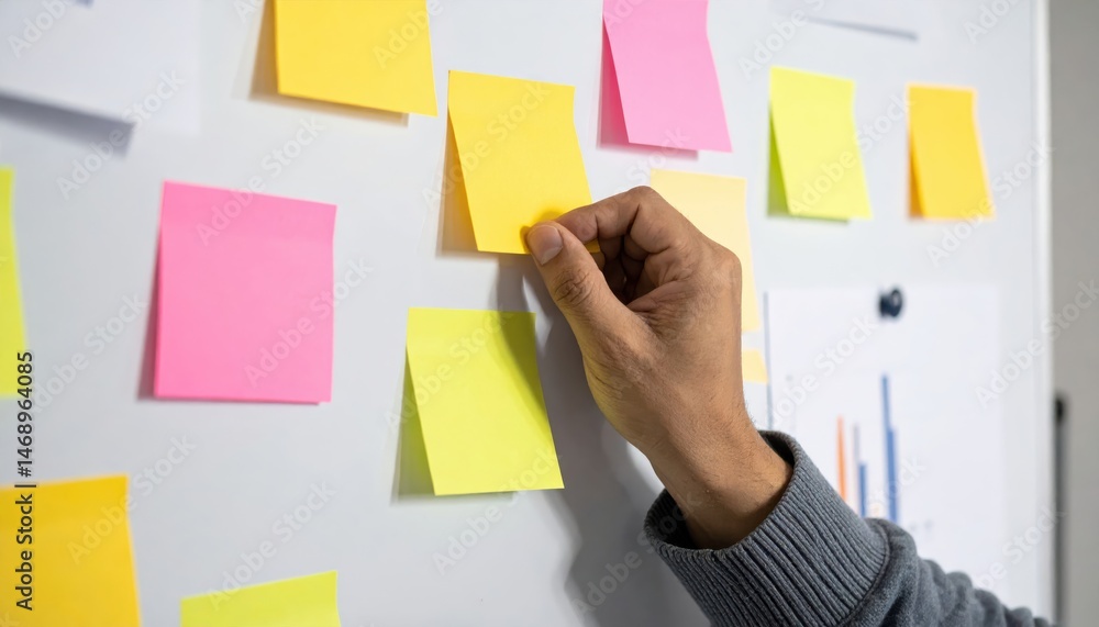 Poster a hand places a sticky note on a board filled with colorful notes, emphasizing organization, brainst