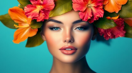 Fototapeta premium Woman with a flower headdress and a blue shirt. The woman is wearing a blue shirt and has a flower headdress on her head