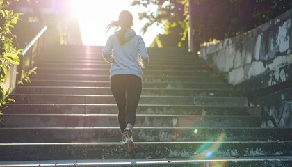 A person jogs up a sunlit staircase, surrounded by greenery, embodying fitness and determination in a serene outdoor setting