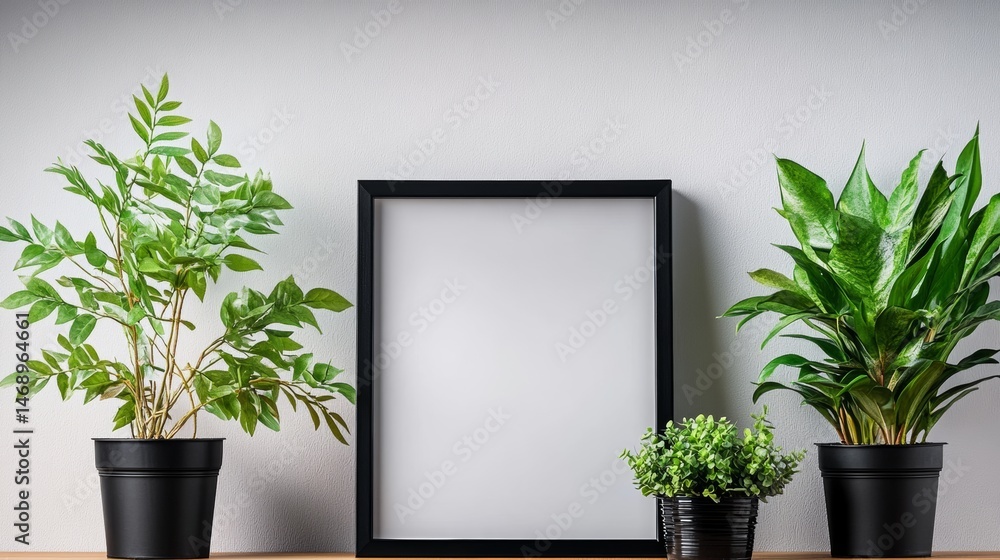 Poster black frame with a white background sits on a shelf with two potted plants. concept of simplicity an