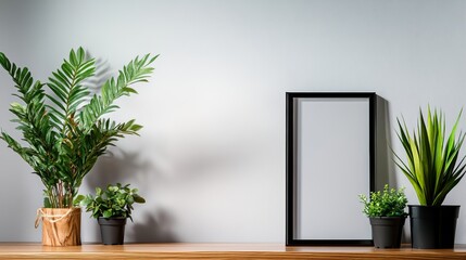 Wooden shelf with a black frame and three potted plants. The shelf is placed against a white wall, creating a simple and clean look