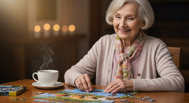 Serene Senior Enjoying a Jigsaw Puzzle and Hot Beverage at Home