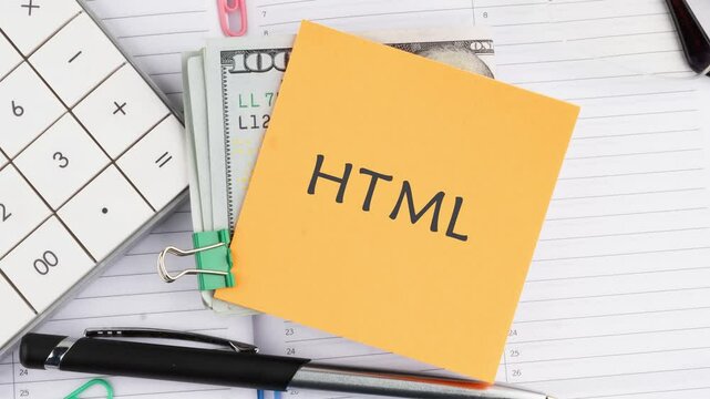 A yellow sticker with an animation of the inscription HTML, as well as a wad of cash, a calculator and various stationery indicating financial planning or organization