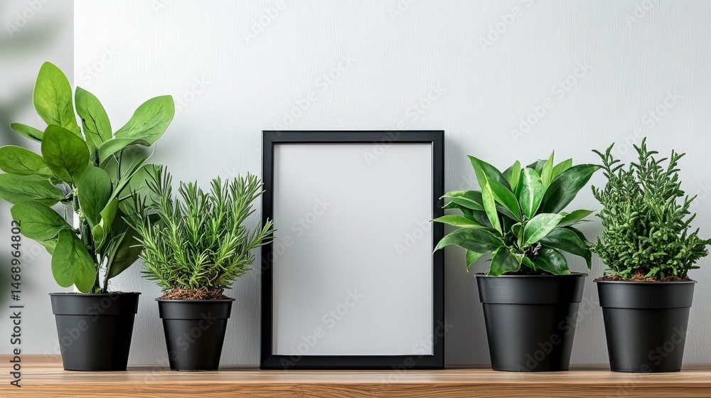 Poster black frame sits on a shelf with several potted plants. the plants are all different sizes and shape