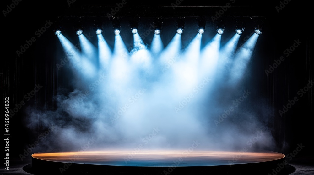 Poster stage with a spotlight on it. the stage is empty and the lights are on. the stage is lit up with blu