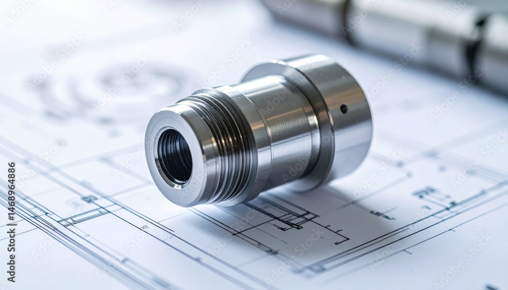 Poster a close-up of a metallic mechanical part resting on engineering blueprints, showcasing precision des