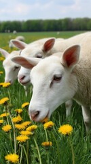 Obraz premium Sheep graze among dandelions in a green meadow, enjoying a spring day in the countryside. Focus is on the faces and yellow wildflowers.