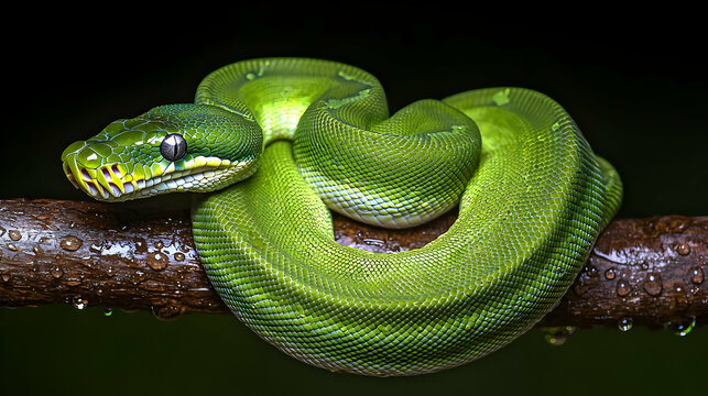 Emerald Green Snake On Wet Branch