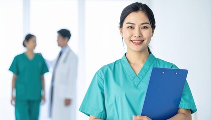 Fototapeta premium A healthcare professional smiles while holding a clipboard, with colleagues in the background, conveying a sense of teamwork and professionalism in a medical setting