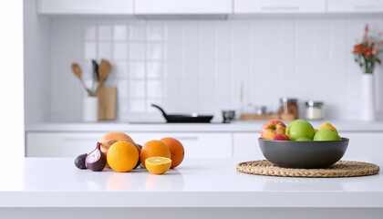 Fresh Fruit and Vegetables on Kitchen Counter Healthy Eating and Modern Kitchen Design