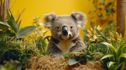Smiling koala nestled in vibrant jungle foliage.