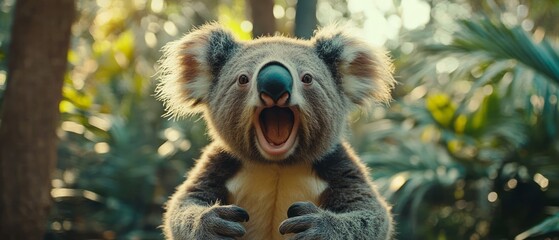 Playful koala expressing joy in a lush forest.