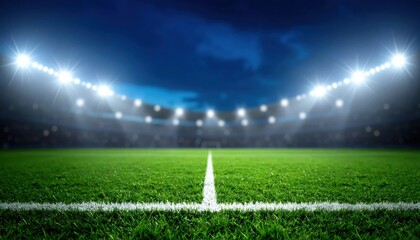 Obraz premium A well-lit football field under a night sky, showcasing vibrant green grass and bright stadium lights, creating an electrifying atmosphere for sports