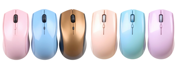  Three different pastel-colored wireless computer mice isolated on a transparent background
