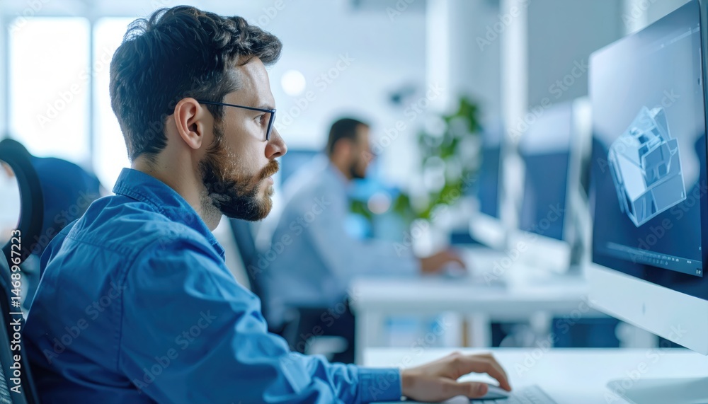 Poster a focused man works on a computer in a modern office, engaged in design or technical tasks, with col