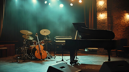 Dark Stage with Piano, Drums, and Bass Guitar Ready for a Concert