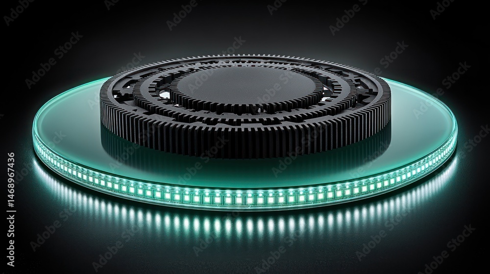 Poster circular mechanical device illuminated with teal light.