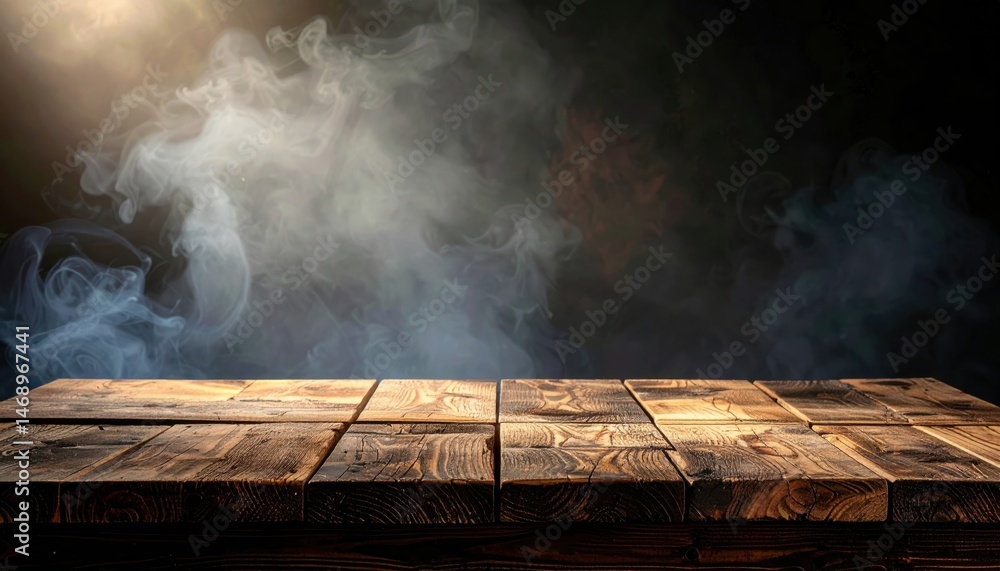 Poster a rustic wooden surface with a smoky backdrop, illuminated by soft lighting, creating a mysterious a