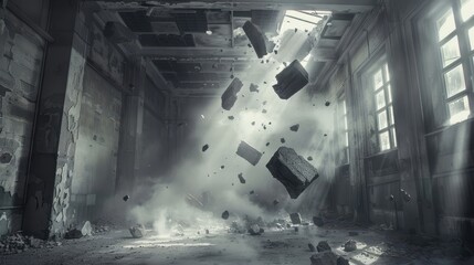 Dramatic Scene of Crumbling Debris in Abandoned Urban Environment