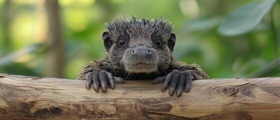 Close-up of a young, curious primate peering over a branch.
