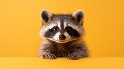 Close-up portrait of a playful raccoon against a vibrant background.