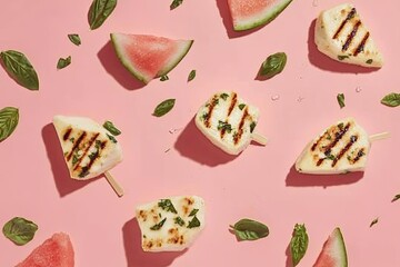 Grilled Halloumi Pops with Watermelon and Basil on Pink Summer Food.