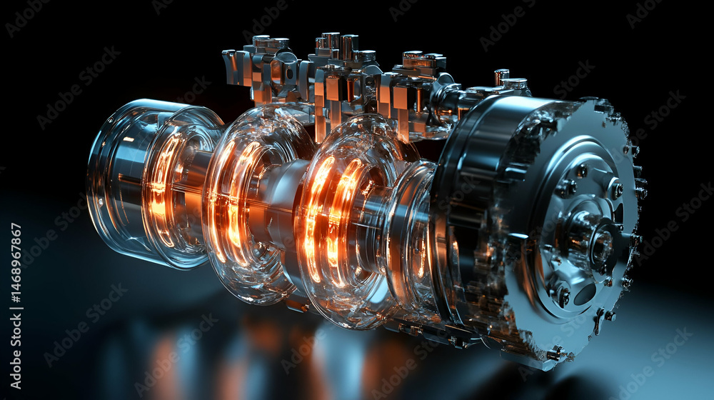 Poster detailed 3d render of a chrome engine with orange glowing internal components