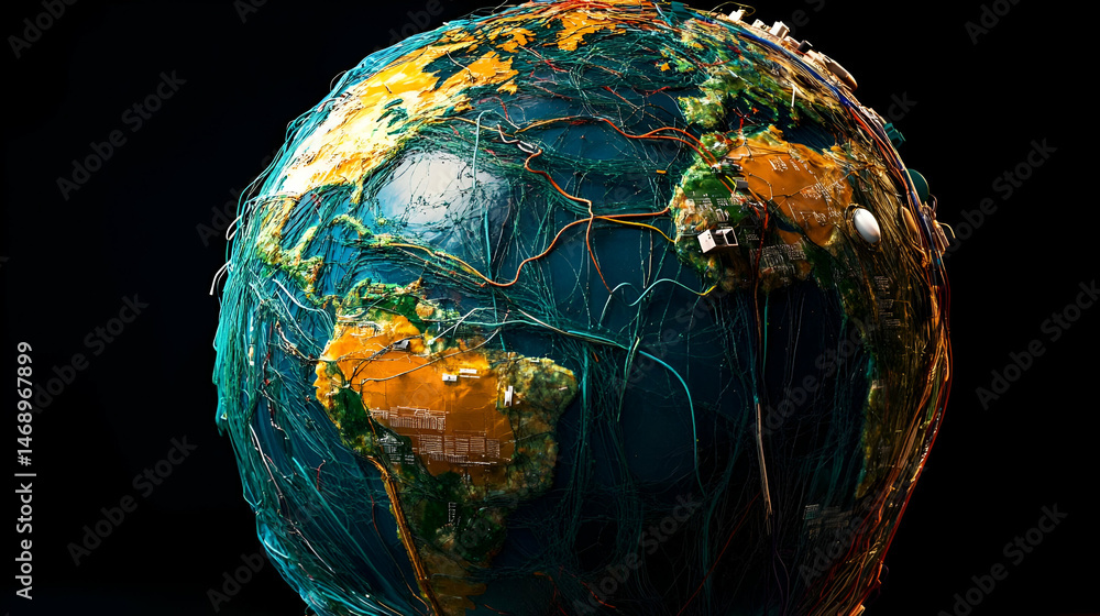 Poster detailed 3d render of earth globe with textured surface and dark background
