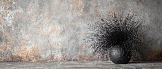 Dark plant in a round vase against a textured wall.