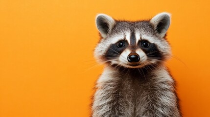 Close-up portrait of a raccoon against a vibrant orange backdrop.