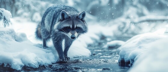 Winter scene with raccoon by a frozen stream.