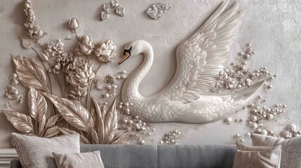 Elegant swan sculpture artwork with floral designs.