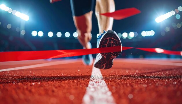 A runner crosses the finish line, cutting through the red ribbon on a track, illuminated by bright stadium lights