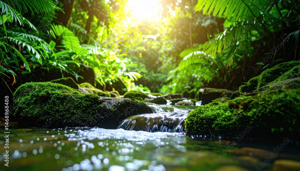 Poster lush greenery surrounds a serene stream, with sunlight filtering through the trees, creating a peace