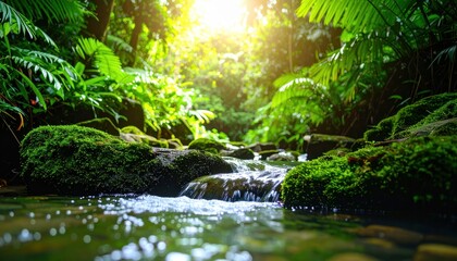 Fototapeta premium Lush greenery surrounds a serene stream, with sunlight filtering through the trees, creating a peaceful and tranquil atmosphere in a natural setting