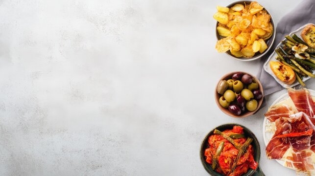 Spanish tapas selection featuring patatas bravas, olives, serrano ham, and pimientos de padron on textured background