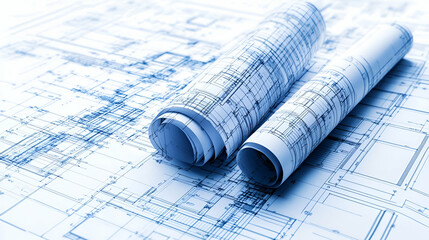 Detailed Blueprints Rolled on a Table