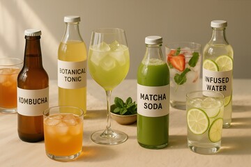 A Vibrant Collection of Refreshing Beverages Featuring Kombucha, Botanical Tonic, Matcha Soda, Infused Water, and More in a Stylish Display