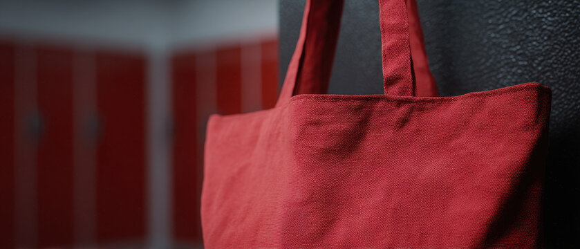 Red tote bag in locker room setting with sporty vibe - Powered by Adobe