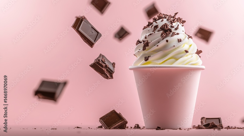 Poster cup of ice cream with chocolate sprinkles on top. the sprinkles are falling from the cup, creating a