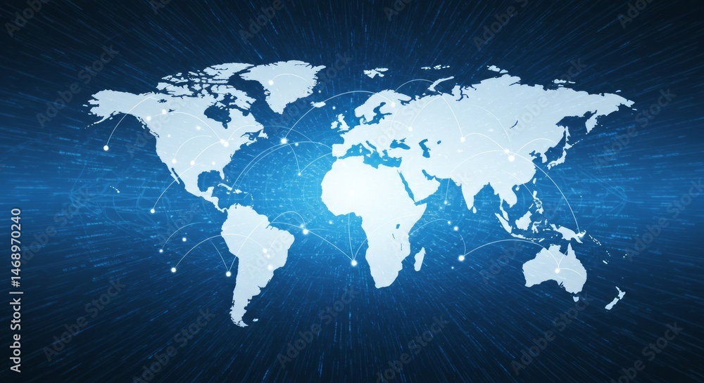 Poster global network connections with world map background in blue tones design