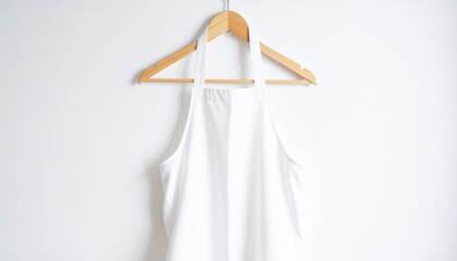Fototapeta premium A simple white apron hanging on a wooden hanger against a plain white wall, conveying minimalist style and elegance
